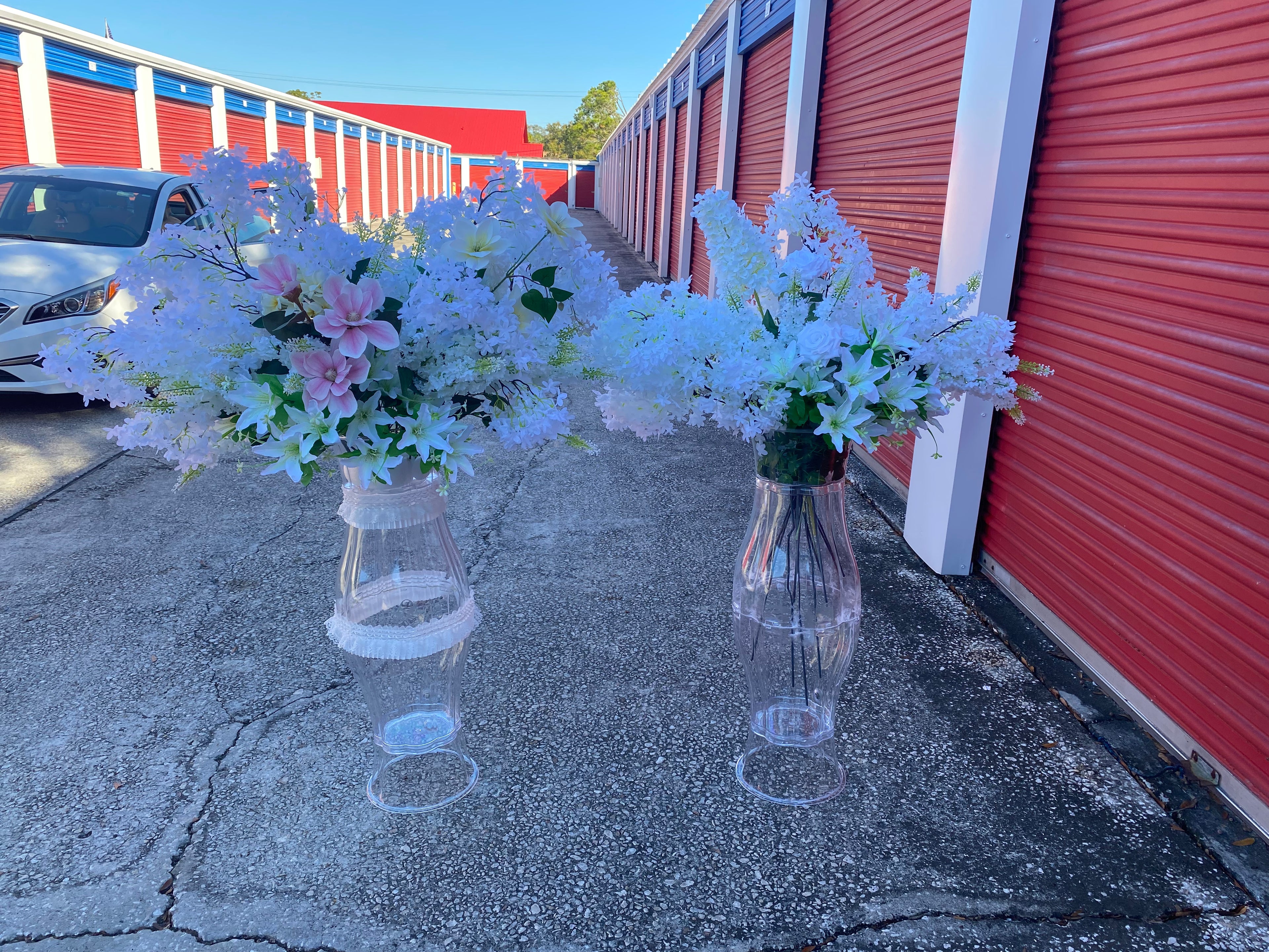 White flower arrangement with hight vase